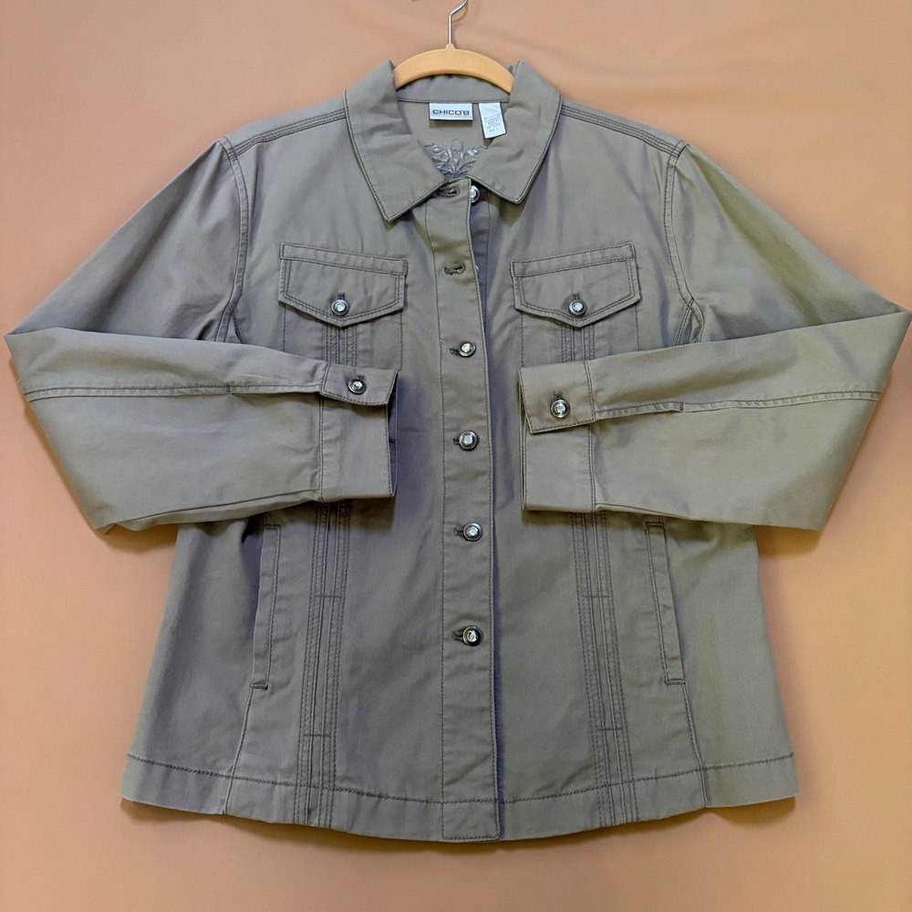Chicos Taupe Gray Rhinestone Utility Jacket Crystal Button Cotton Size 1 Medium
